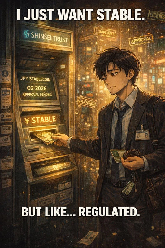 Tired salaryman at Tokyo kiosk swaps yen stablecoin; $USDC $RLUSD notes, 'JPY stablecoin Q2 2026' sign.