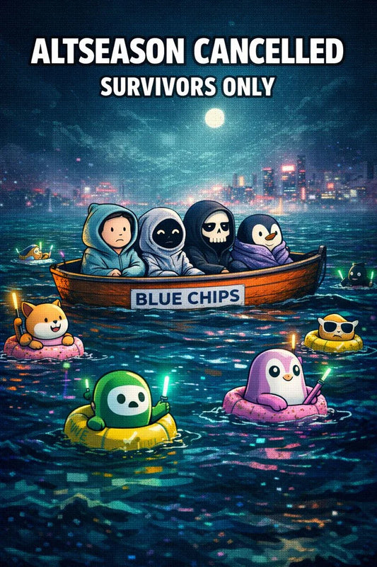 Mfers in lifeboat labeled BLUE CHIPS while cute altcoins splash below; caption: Altseason cancelled. $BTC $ETH