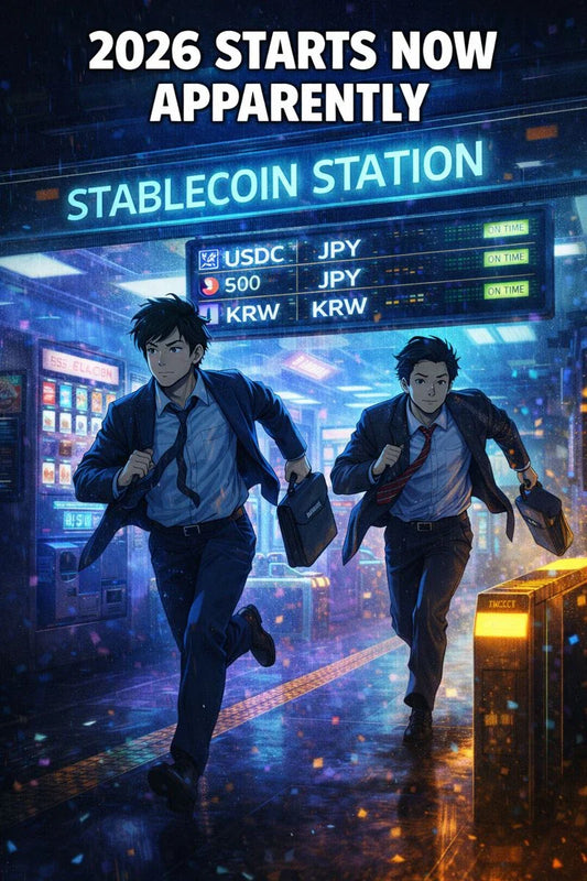 Anime commuters sprint to neon Stablecoin Station; vending machine stablecoins; $USDC $JPY $KRW payments