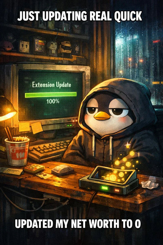 Hooded penguin at CRT desk watching fake Chrome update drain $BTC $ETH $SOL from Trust Wallet, resigned.