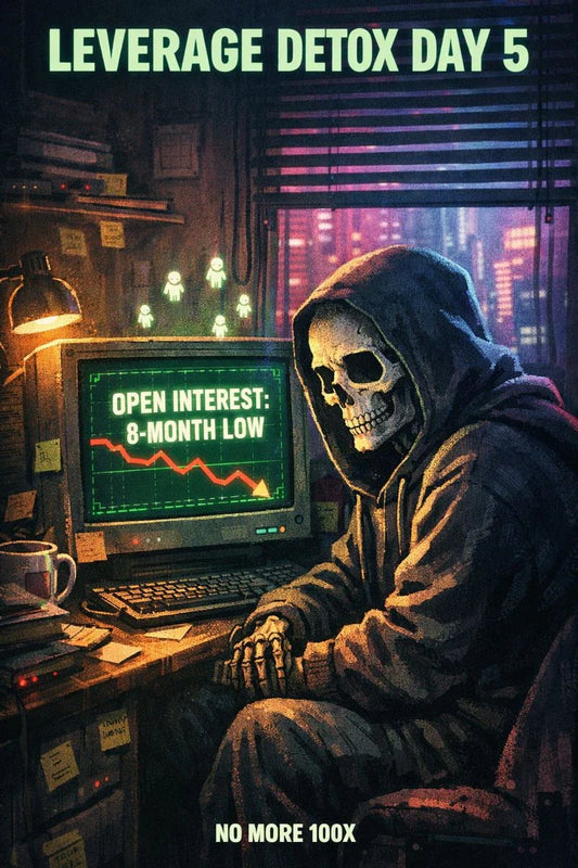 Sleepy ape trader sees $BTC futures OI dump to 8-month low; leverage ghosts evaporate over CRT chart; resigned stare.