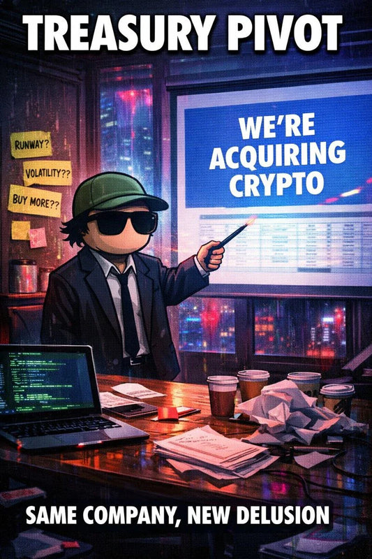 Mfer CFO in neon boardroom pitching a $BTC/$ETH “treasury pivot” as charts glitch on a CRT projector.