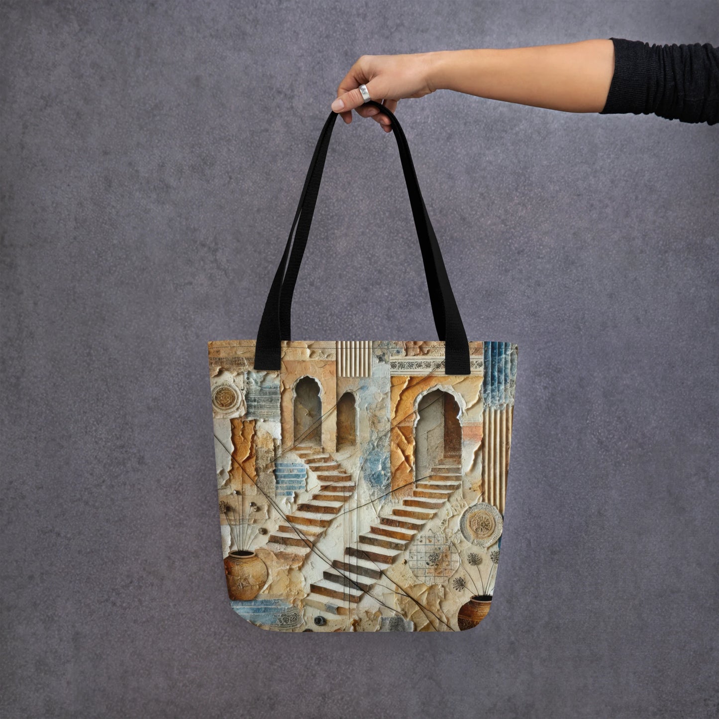 Modern Collage Tote Bag: Courtyard of Forgotten Steps