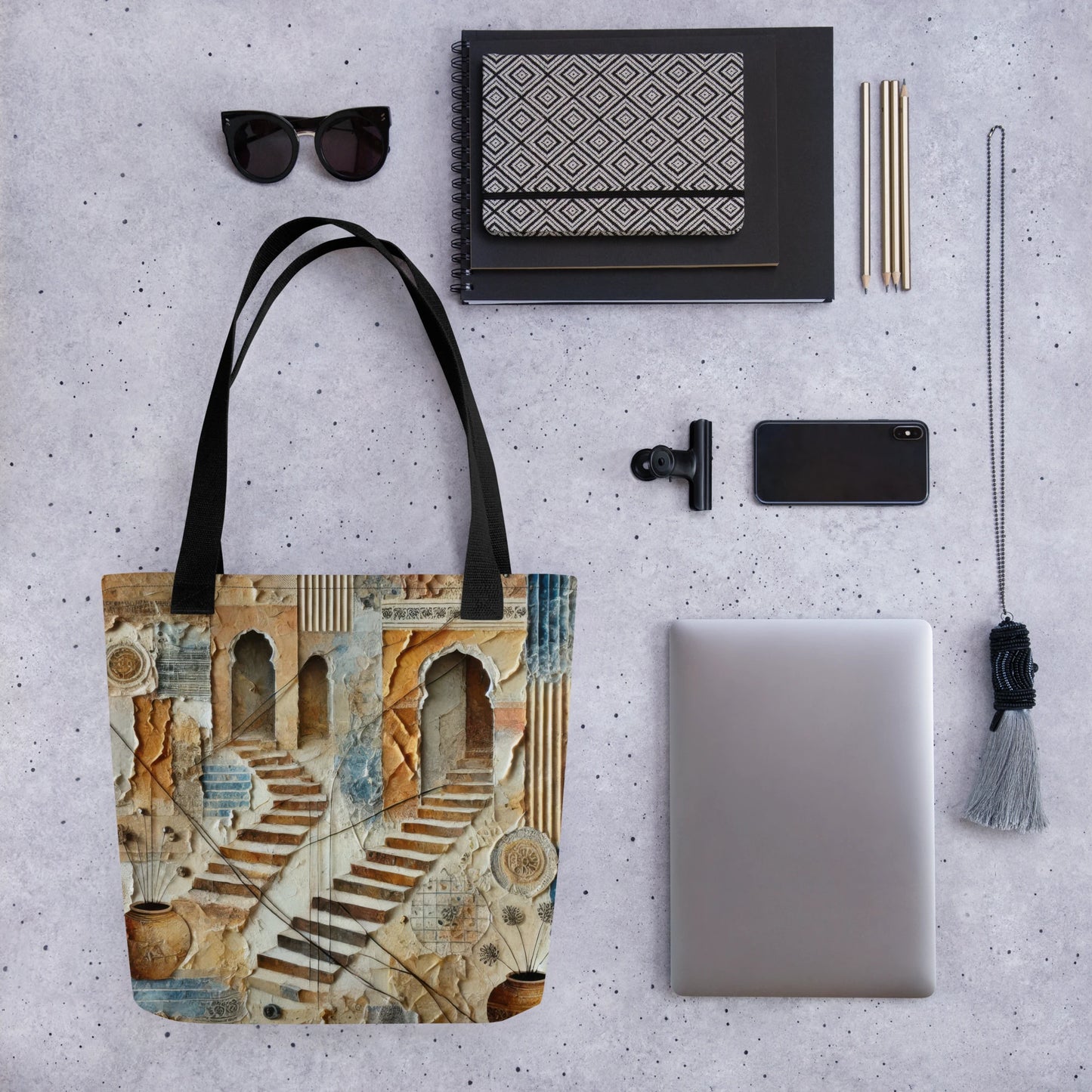 Modern Collage Tote Bag: Courtyard of Forgotten Steps